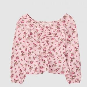 Place Girl's Pink Floral Long Sleeve Ruched Peasant Top Size Large (10-12)